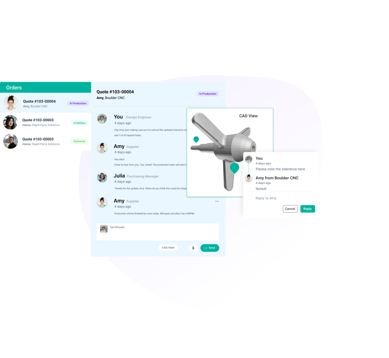 Product UI showing an orders list, a multi-party message thread on a quote, and a CAD view with pinned comments on the 3D model.